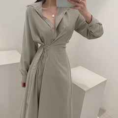 Midi Dress Women Vintage French Style Long Shirt Elegant Waist Lace Party Autumn Casual Fashion