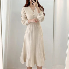 Long Sleeve Knit Midi Dress Women Vintage Pleated Elegant Party Casual Winter Fashion Dress