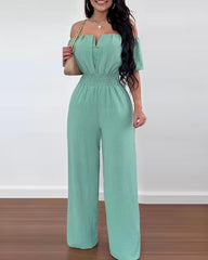 Off Shoulder Wide Leg Jumpsuit Women Short Sleeve Shirred Waist Casual Spring Summer Beach Vacation