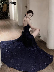 Prom Maxi Dress Women Elegant V-Neck Sequin Backless Split Bandage Luxury Formal Evening Runway Dress