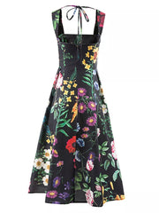 Midi Dress Women Loose Square Collar Sleeveless Floral Print Casual Elegant Summer Fashion Dress