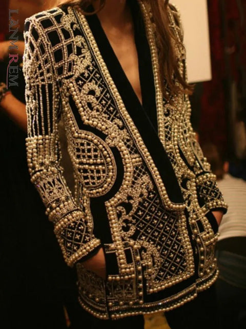 Jacket Women Shawl Collar Embroidered Beaded V-Neck Vintage Elegant Ladies Outerwear Coat Fashion