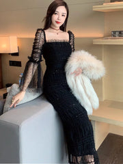 Maxi Dress Women Designer Inspired Mesh Stretch Lace Flare Long Sleeve Elegant Party Wedding Guest Prom Dress