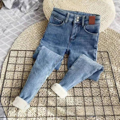 Fleece Lined Jeans Women High Waist Skinny Thick Warm Winter Pencil Pants Cold Weather Fashion