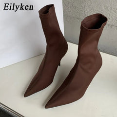 Ankle Boots Women Stretch Fabric Pointed Toe High Heel Pump Chic Elegant Fashion Shoes