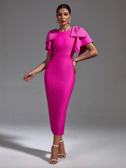 Midi Dress Women Pink Bandage Bodycon Elegant Beaded Ruffle Evening Club Wedding Guest Party Dress