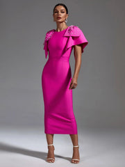 Midi Dress Women Pink Bandage Bodycon Elegant Beaded Ruffle Evening Club Wedding Guest Party Dress