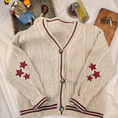 Star Printed Knitted Cardigan Women V-Neck Long Sleeve Casual Elegant Winter Fashion Sweater