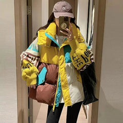 Puffer Jacket Women Hooded Letter Stitching Loose Thick 90% Duck Down Warm Winter Coat Outerwear