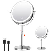 Chrome makeup mirror with stand and USB cable on a white background