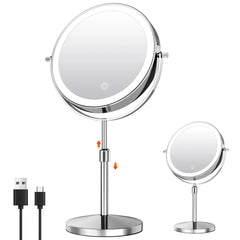 Chrome makeup mirror with stand and USB cable on a white background