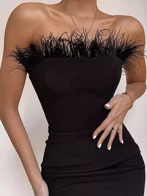 Midi Dress Women Strapless Backless Feather Bodycon Bandage Chic Party Clubwear Fashion Dress