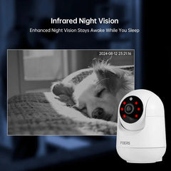 White security camera with infrared lights on a dark background, displaying a dog in a room.
