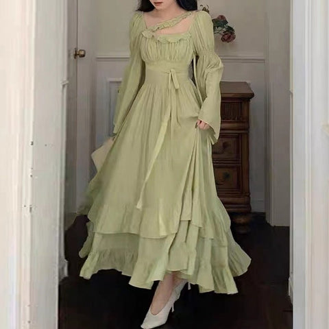 Flared Sleeve Fairycore Maxi Dress Women Solid Square Collar Long Elegant Casual Fashion