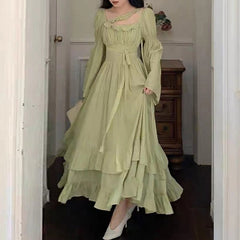 Flared Sleeve Fairycore Maxi Dress Women Solid Square Collar Long Elegant Casual Fashion