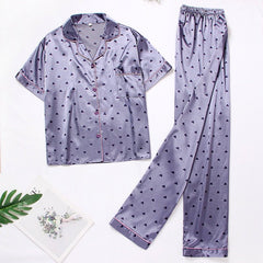 Silk Pajama Set Women 2-Piece Nightwear Tops Pants Casual Loungewear Sleepwear Fashion