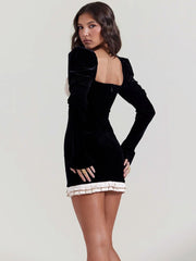 Mini Dress Women Elegant Long Sleeve Backless Patchwork Square Collar Bodycon Club Party Autumn Winter