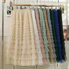 Tulle Midi Skirt Women Layered Ruffle Mesh Puffy Cake A-Line Elegant Vintage Elastic Waist Fashion