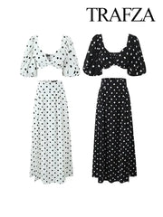 Polka Dot Print Skirt Suit Cropped Short Sleeves Square Neck Top Slit High Waist Chic Skirt Vintage Set