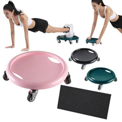 Woman using a pink balance disc with additional discs in black, green, and black on a white background.