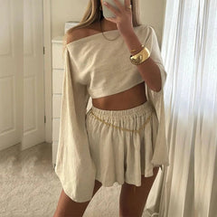 Shorts Set Women Vintage Skew Collar Long Sleeve Asymmetric Cotton Linen Holiday Beach Outfit Spring Summer