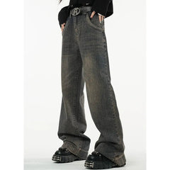 Jeans Women Vintage Dark Blue High Waist Straight Baggy Wide Leg American Streetwear Denim Trousers