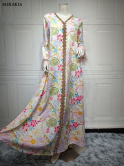 Rhinestone Beaded Maxi Dress Women V-Neck Long Sleeve Feather Patchwork Printed Elegant Fashion