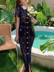 Maxi Dress Women Elegant Vintage Solid Lace Hollow Out Short Sleeve Gold Button Summer Casual Dress