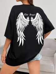T-Shirt Women Angel Wings Graphic Oversized Hip Hop Streetwear Cotton Loose Short Sleeve Tee
