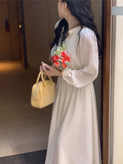 Long Sleeve Midi Dress Women Vintage V-Neck Slim Waist Button Elegant Casual Fashion Dress