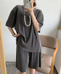Shirt & Shorts Set Women Retro Waffle Knit Loose Short Sleeve Round Neck 2-Piece Casual Fashion