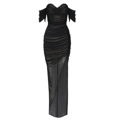 Maxi Dress Women Elegant Off Shoulder Bandage Mesh Patchwork Celebrity Club Party Long Fashion Dress