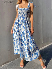 Maxi Dress Women Chic Floral Print Backless Sleeveless Bandage Beach Sundress Casual Spring Summer