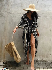 Vintage Summer Kimono Swimwear Beach Cover Up With Sashes Oversized Long Sexy Cardigan