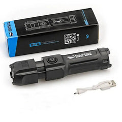 Black flashlight with charging cable and packaging on a white background