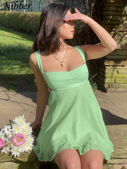 Mini Dress Women Solid Color Cutout Slim Sling Backless Ruffle Casual Summer Party Dress
