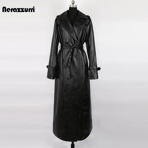 PU Vegan Leather Trench Coat Women Waterproof Luxury Elegant Chic Winter Outerwear Fashion