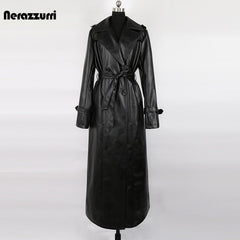 PU Vegan Leather Trench Coat Women Waterproof Luxury Elegant Chic Winter Outerwear Fashion