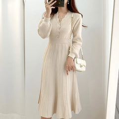 Women's Vintage Pleated Dress Long Sleeve Sweater Dresses Elegant Midi Knit Party Dress