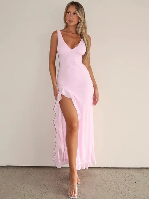 Maxi Dress Women Elegant Sleeveless Ruffle Deep V-Neck Backless Thigh-High Split Wedding Guest Prom