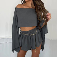 Vintage Skew Collar Long Sleeved Top+Shorts Beach Suit Sexy Asymmetric Navel Holiday Outfit Spring Summer Cotton Linen Skirt Set