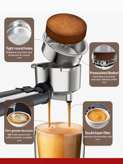 Coffee extraction device with features highlighted on a white background