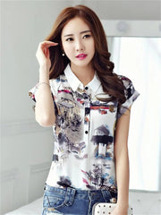 Blouse Women Chiffon Short Sleeve Turn-Down Collar Loose Printed Casual Spring Summer Top Shirt