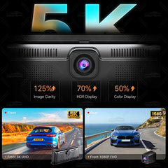 Car dashboard camera with 5K resolution display and video feed comparison.