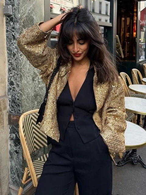 Sequin Jacket Women Shiny Gold Y2K Stand Collar Long Sleeve Short Coat Autumn Winter Office Streetwear