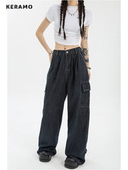 Y2K Wide Leg Cargo Jeans Women Baggy Blue Oversized Hip Hop Vintage Streetwear Casual Fashion