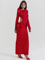 Maxi Dress Women Elegant Backless Bow Red O-Neck Long Sleeve Bodycon Club Wedding Party Prom Dress