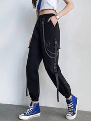 Women's Cargo Pants Harem Pants Street Fashion Punk Trousers with Pockets & Chain High Waist Streetwear