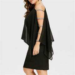 Plus Size Mini Dress Cold Shoulder Cape Sheer Overlay Chiffon Asymmetric Strapless Party Cocktail Women