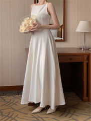 Sleeveless A-Line Maxi Dress Women Elegant Solid Wedding Guest Bridesmaid Prom White Black